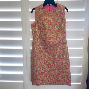 Cocktail dress,Pink and goldish/green metallic flowers. Size 6.